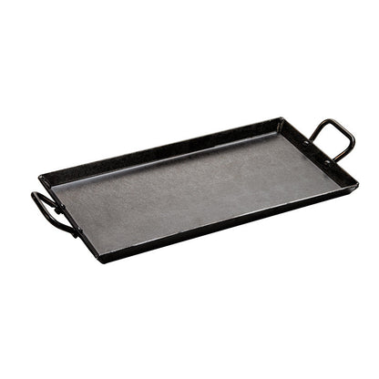 Rectangular griddle with 2 handles on short ends.