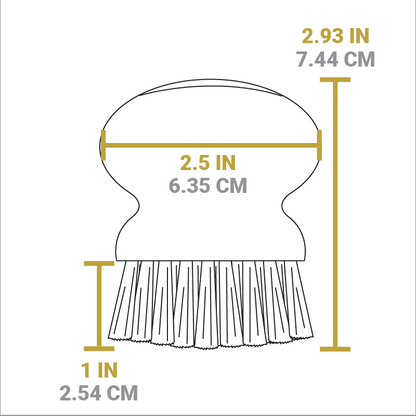 Dimensional drawing of the scrub brush. Height is 2.93 inches width is 2.5 inches, and length of bristles is 1 inch