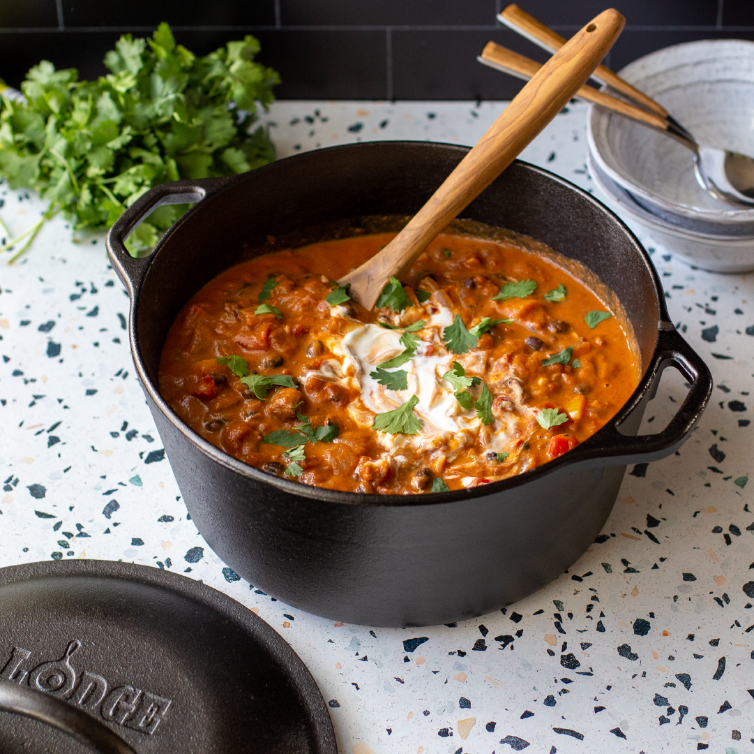Chili, freshly made in dutch oven ready to serve.