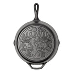 Cast iron skillet with the bottom engraved with beloved icons and monuments from Delaware.