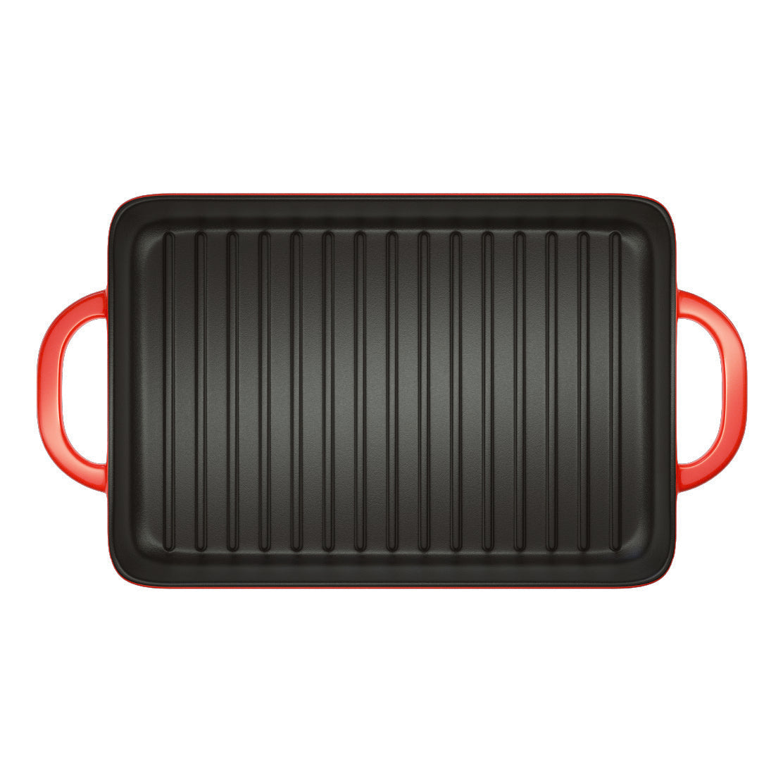 Top view of grill pan, showing grill lines and pan handles.