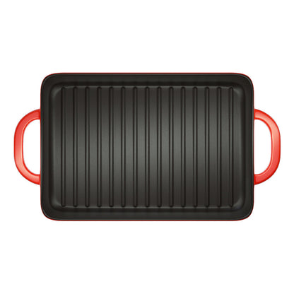 Top view of grill pan, showing grill lines and pan handles.