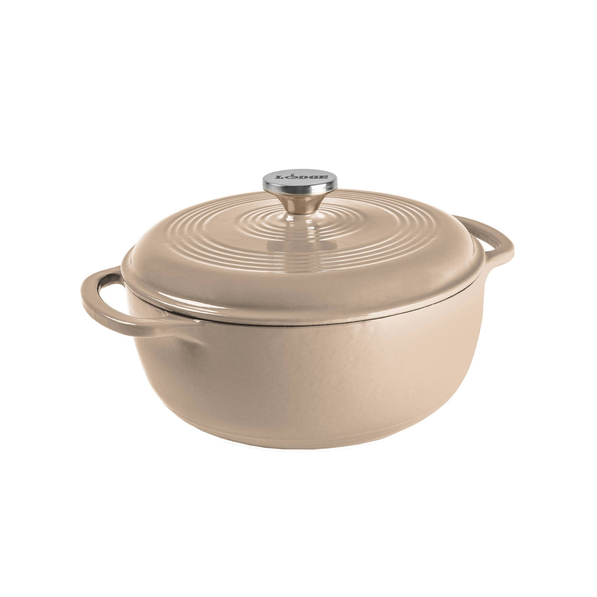 Sandalwood enameled cast iron Dutch oven with lid on a white background