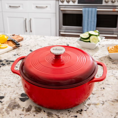 Dutch oven on kitchen counter near prepped ingredients.
