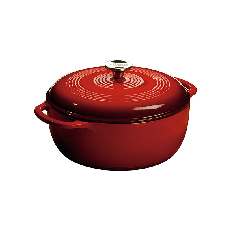 Red gradient enameled cast iron Dutch oven with lid, both pieces have light red on top and darken towards the bottom.