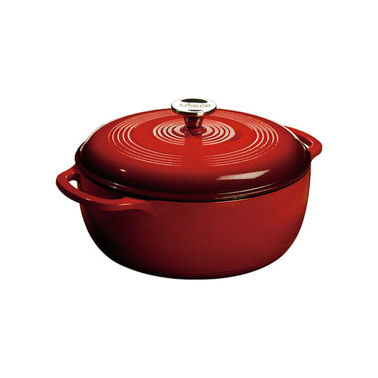 Red gradient enameled cast iron Dutch oven with lid, both pieces have light red on top and darken towards the bottom.