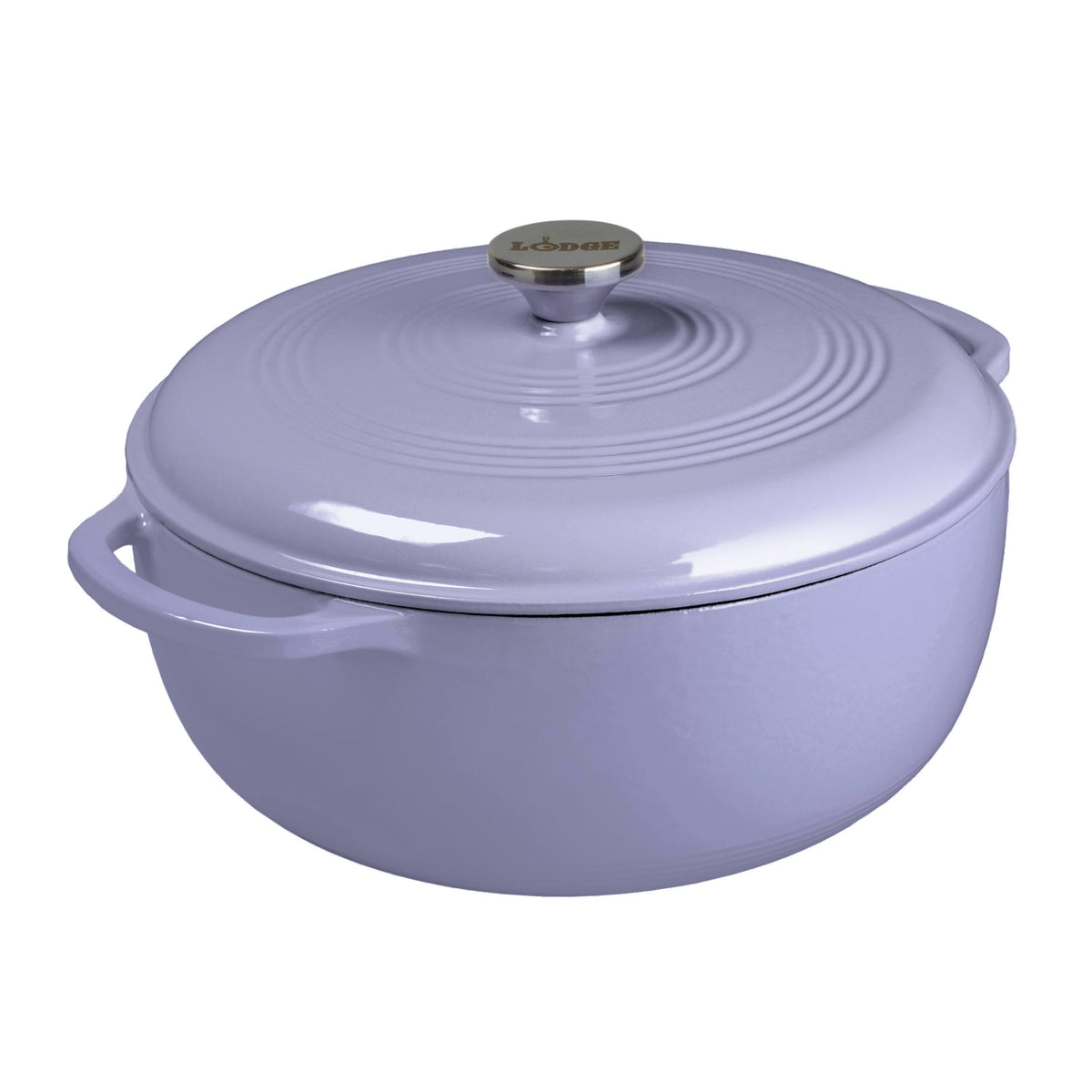 Lilac enameled cast iron Dutch oven with lid on a white background