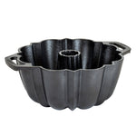 Black Bundt cake pan on a white background