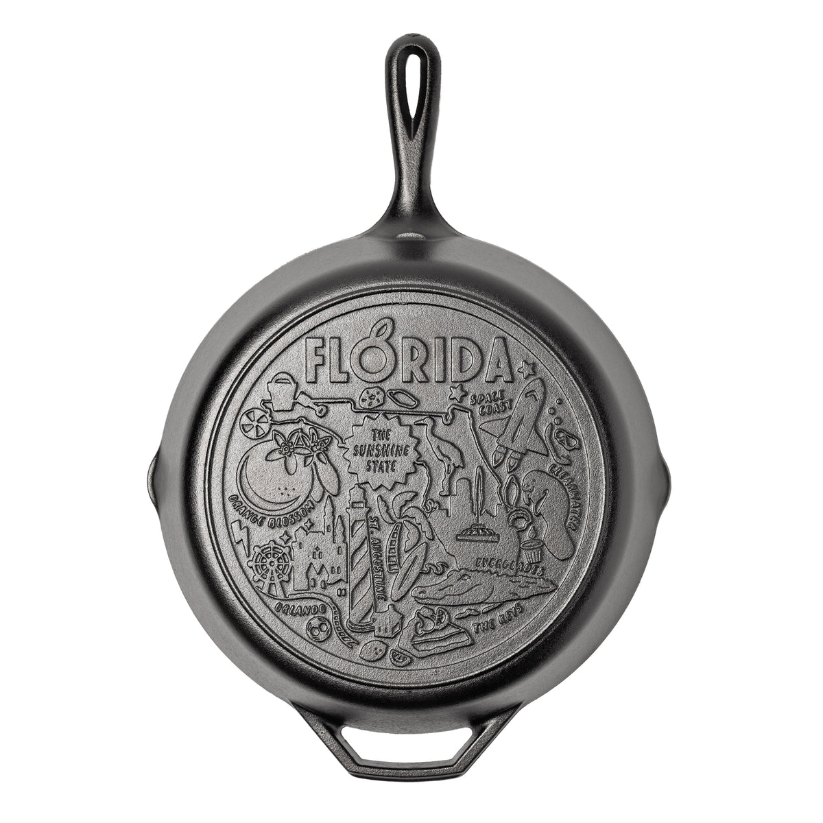 Cast iron skillet with the bottom engraved with beloved icons and monuments from Florida.