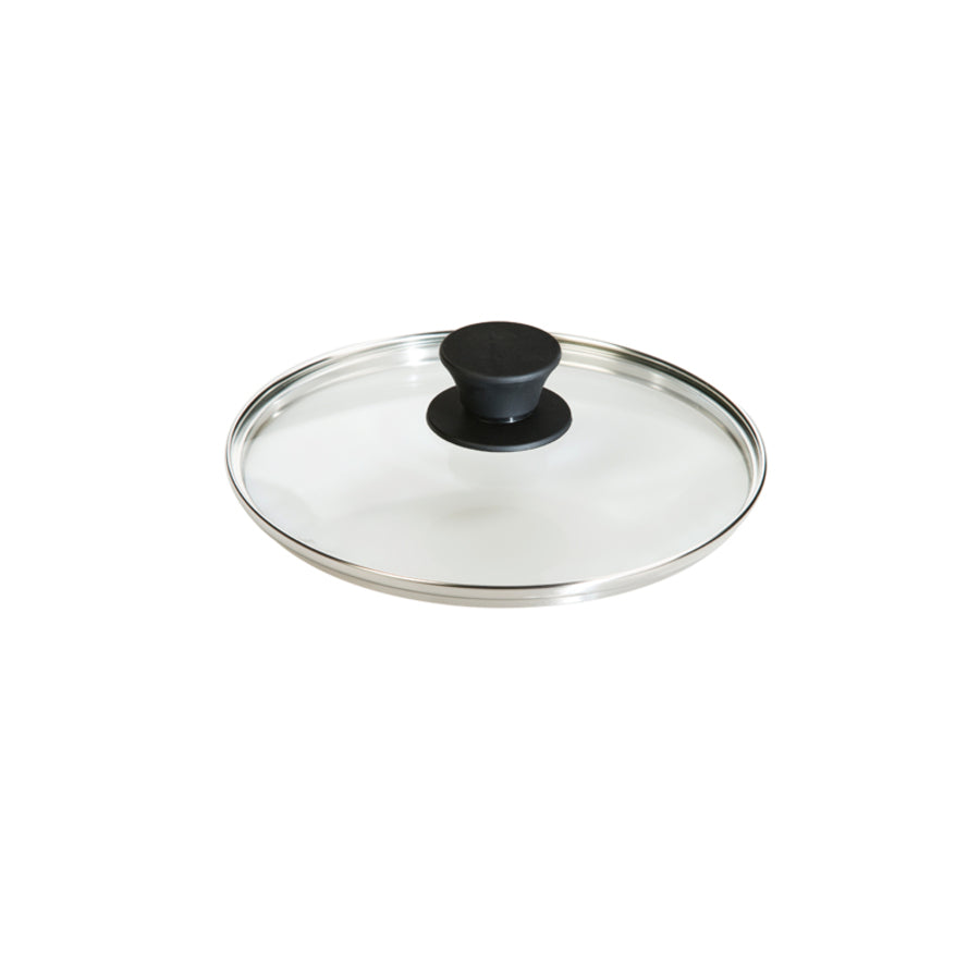 Round glass lid with transparent top, silver rim, and black knob in middle.