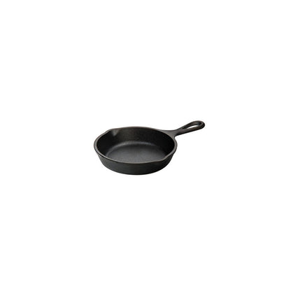 Black skillet with long handle and 2 pour spouts.