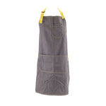 Grey apron with yellow stiches and ties.