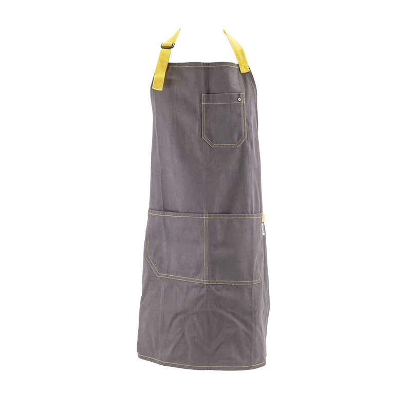 Lodge branded, grey and yellow apron.