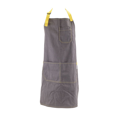 Lodge branded, grey and yellow apron.