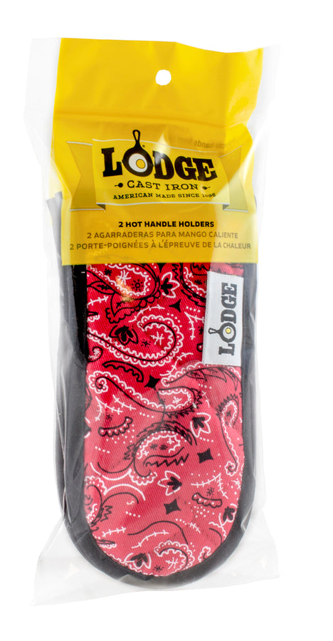 Red bandana print handle holders in yellow and clear packaging.