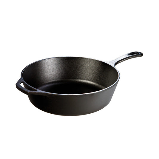 A deep, circular skillet with a long handle and loop handle.