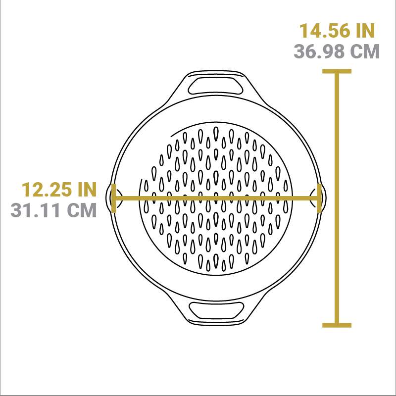 Dimensional drawing of product. Total width including handles is 14.56 inches, total length from pour pout to pour spot is 12.25 inches.