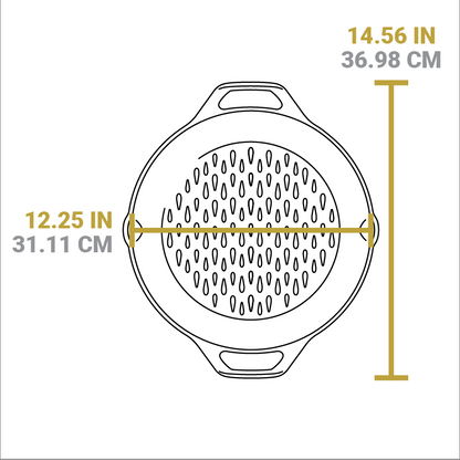 Dimensional drawing of product. Total width including handles is 14.56 inches, total length from pour pout to pour spot is 12.25 inches.
