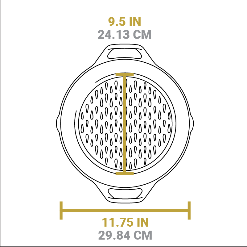 Dimensional drawing of product. Width of flat bottom is 9.5 inches, total length is 11.75 inches.