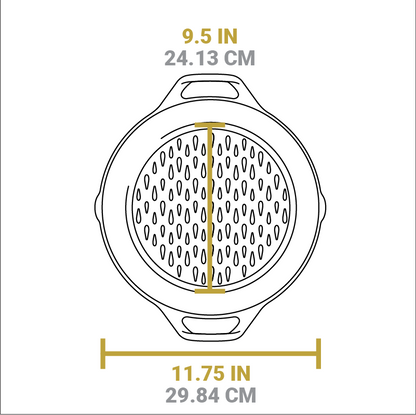 Dimensional drawing of product. Width of flat bottom is 9.5 inches, total length is 11.75 inches.