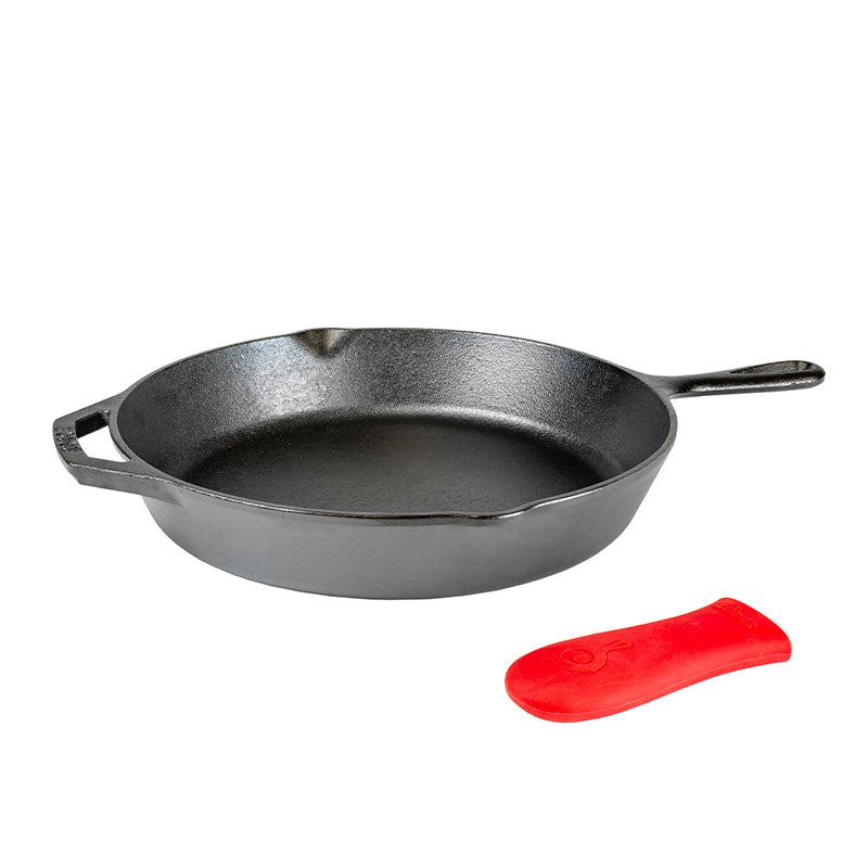 Cast iron skillet with a long handle, loop handle, and 2 pour spouts along with a red handle holder for long handle.