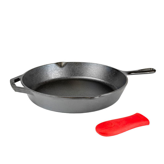 Cast iron skillet with a long handle, loop handle, and 2 pour spouts along with a red handle holder for long handle.
