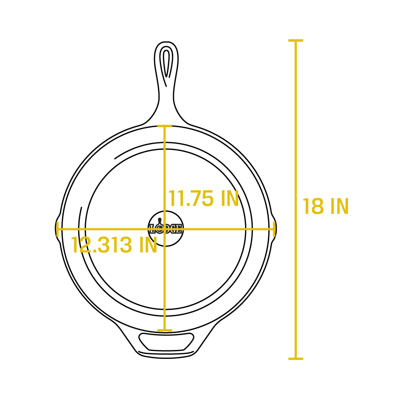Dimensional drawing product. Full length is 18 inches, length of cooking surface is 11.75 inches, width of cooking surface is 12.313 inches.