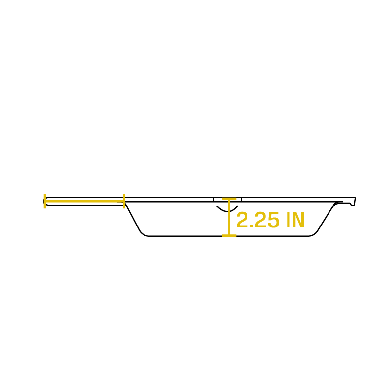 Dimensional drawing product. Depth of cooking surface is 2.25 inches.