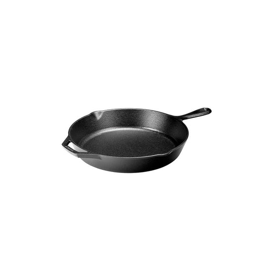 Cast iron skillet with a long handle, loop handle, and 2 pour spouts.