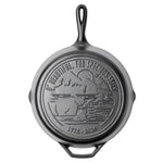 Cast iron skillet with back engraved featuring lyrics and imagery from America The Beautiful.