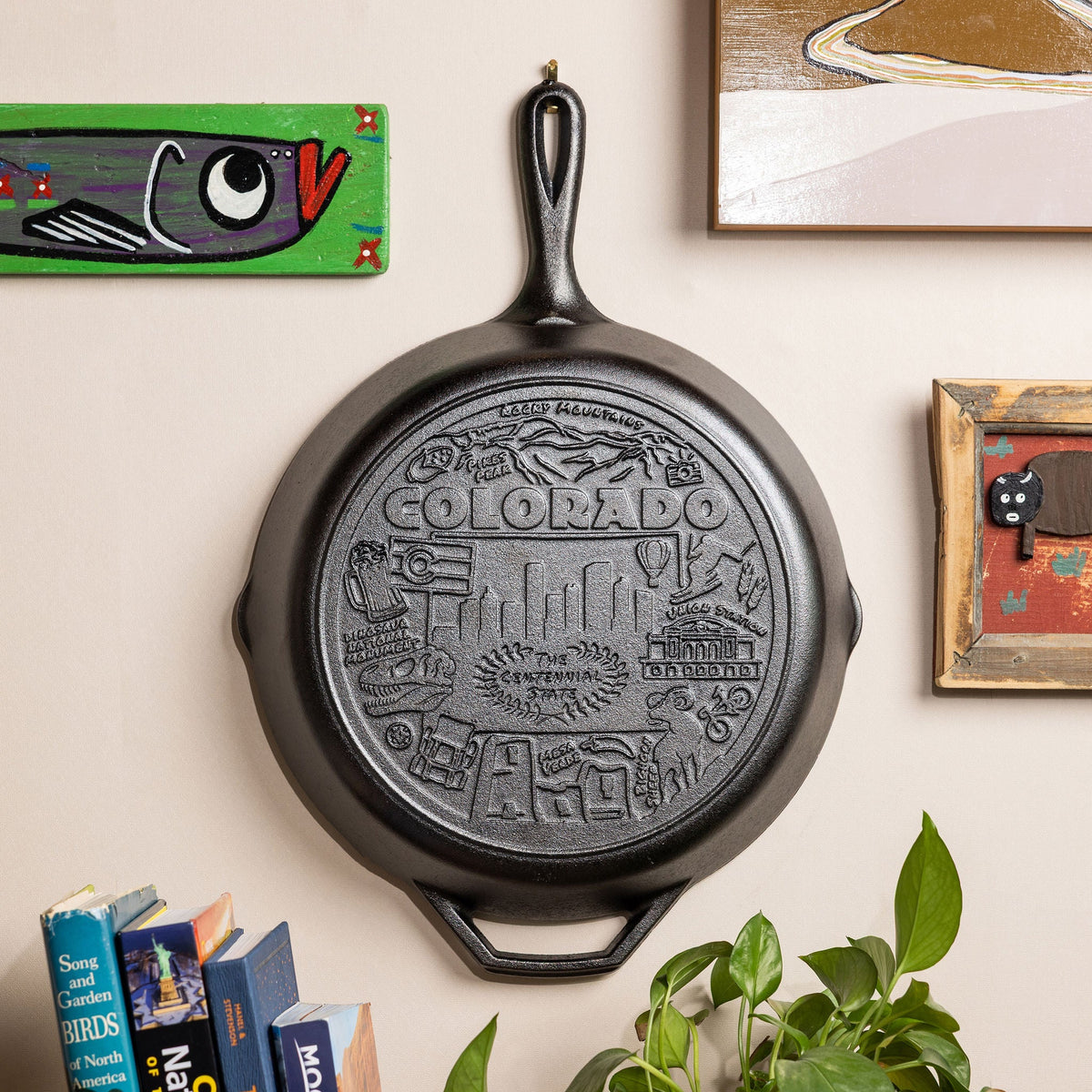 Cast iron skillet with 'Colorado' engraving hung on a wall with books and a plant below.