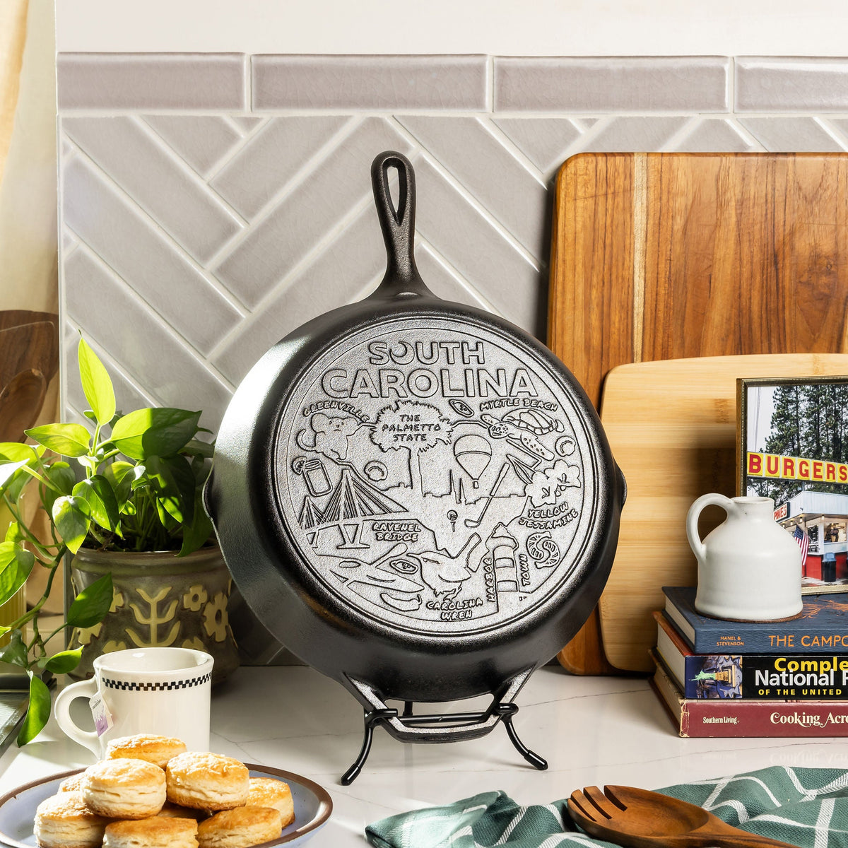 South Carolina state skillet displayed on a kitchen counter.
