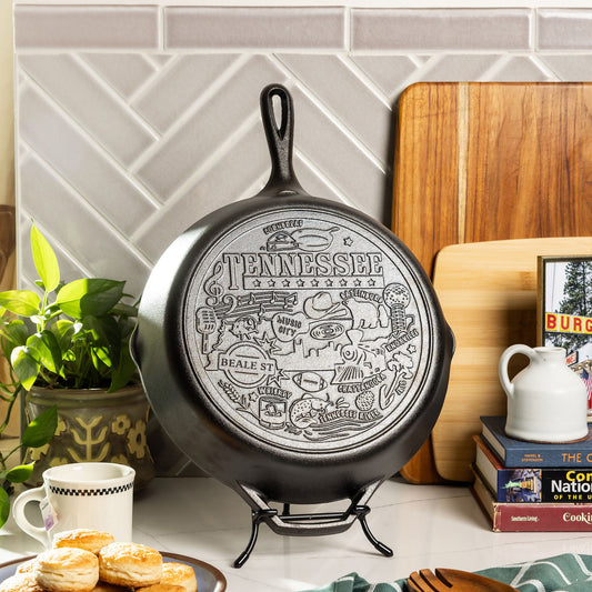 Tennessee state skillet displayed on a kitchen counter.