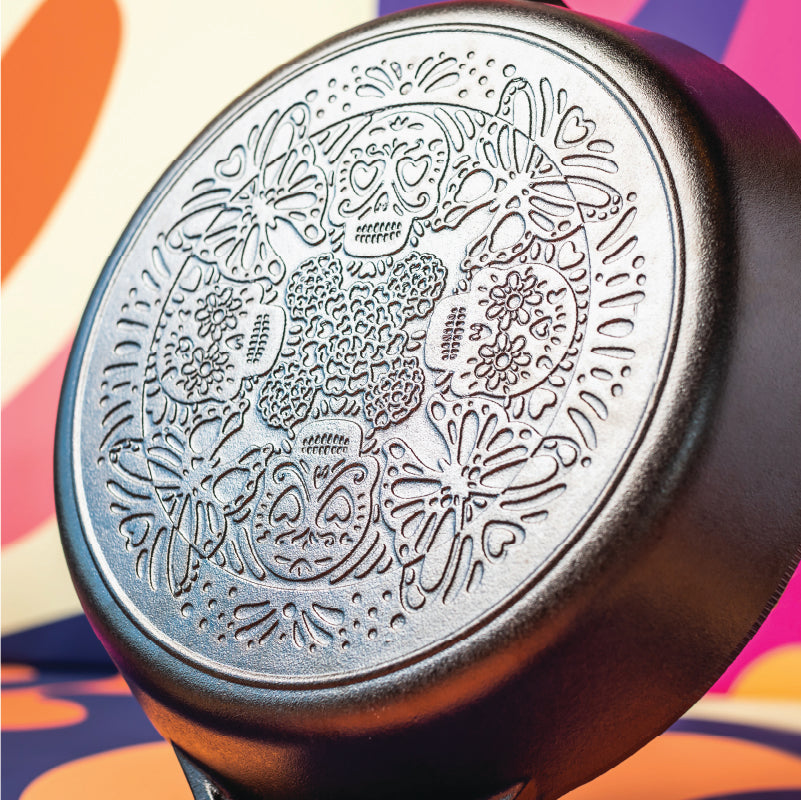 Close-up of engraved butterfly skull design by Artist Lourdes Villagómez.