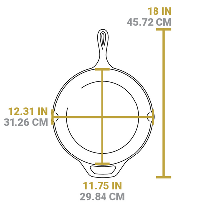Dimensional drawing of product. Length of product is 18 inches, width of cooking surface is 12.31 inches, length of cooking surface is 11.75 inches.