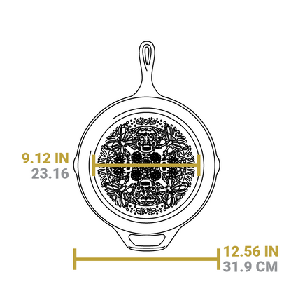 Dimensional drawing of product. Width of flat bottom is 9.12 inches, total width of skillet is 12.56 inches.