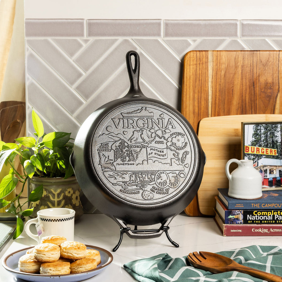 Virginia state skillet displayed on a kitchen counter.