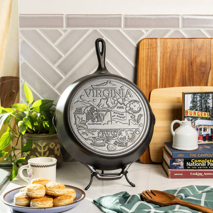 Virginia state skillet displayed on a kitchen counter.