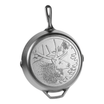 Skillet with engraved elk on back.