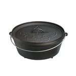 Black dutch oven with a boy scout design on lid.