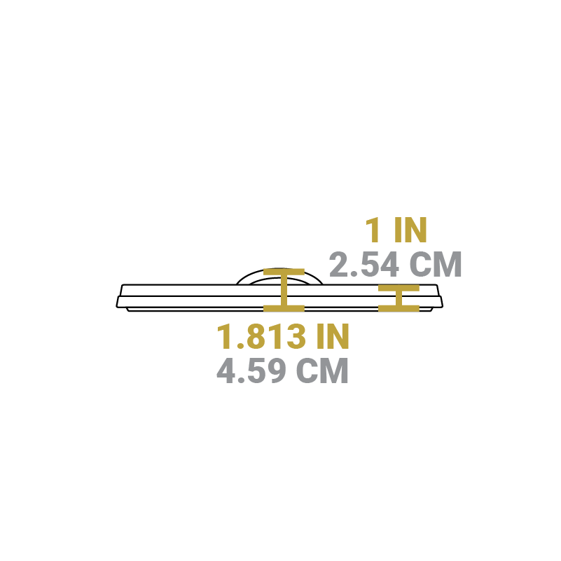 Dimensional drawing of product lid. Height including handle is 1.813 inches, without handle it's 1 inch.