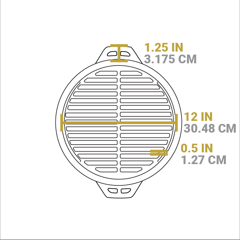 Dimensional drawing of product. Length of cooking surface is 12 inches, distance between grates is 0.5 inches, length of handle is 1.25 inches.