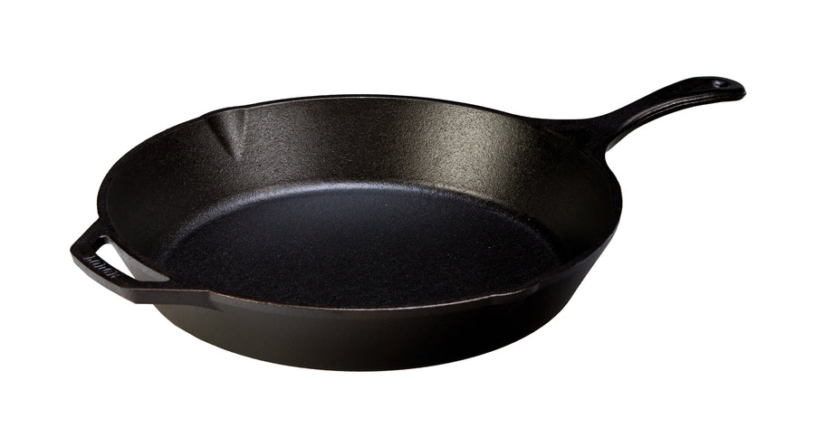 Black skillet with a long handle, loop handle, and 2 pour spouts.
