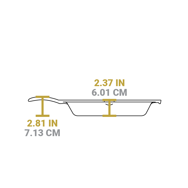 Dimensional drawing of product. Total height is 2.81 inches, depth of cooking surface is 2.37 inches.