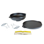 Cook-it-all pieces including 2 hook and carry handles, instruction book, and 2 pieces of cast iron that can be used as a griddle, grill pan, wok, and lid.