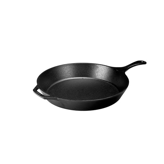 Cast iron skillet with one long handle and one assist handle on opposite side.