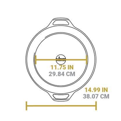 Dimensional drawing of product. Flat bottom width is 11.75 inches, total width is 14.99 inches.