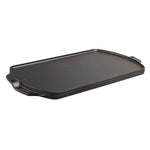 Black griddle/grill pan with dimensional handles to be used on each side.