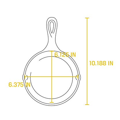 Dimensional drawing product. Full length is 10.188 inches, length of cooking surface is 6.125 inches, width of cooking surface is 6.375 inches.