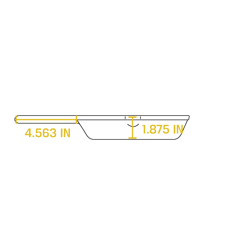 Dimensional drawing product. Depth of skillet is 1.875 inches, handle length is 4.563 inches.